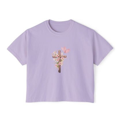 Women's Boxy Tee — Pink Floral Cross "Pray" Christian Graphic Shirt