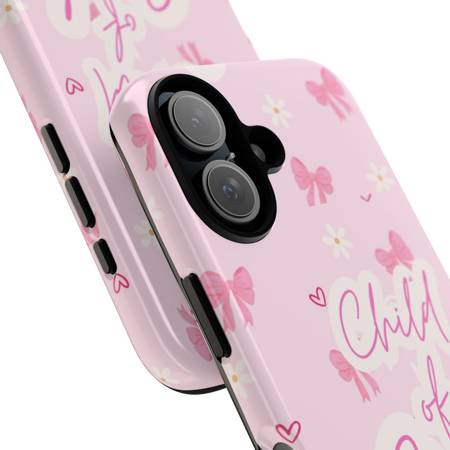 Child of God Pink Phone Case — Cute Christian iPhone Cover with Bows & Hearts