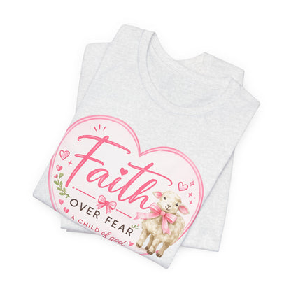 Faith Over Fear Heart T‑Shirt — Pink Floral Lamb Christian Tee