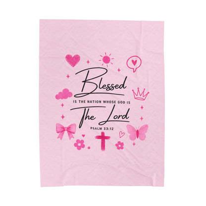 Blessed by the Lord Velveteen Plush Blanket — Pink Christian Scripture Psalm 33:12 Throw