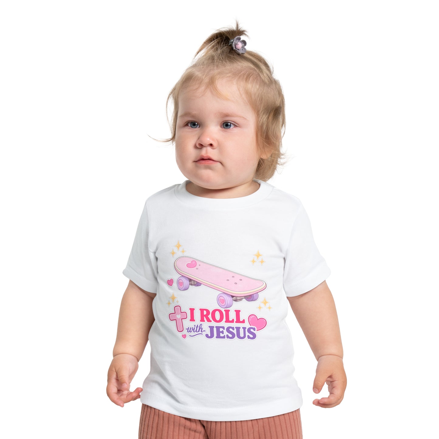 Baby T-Shirt - "I Roll with Jesus" Pink Skateboard Christian Infant Tee
