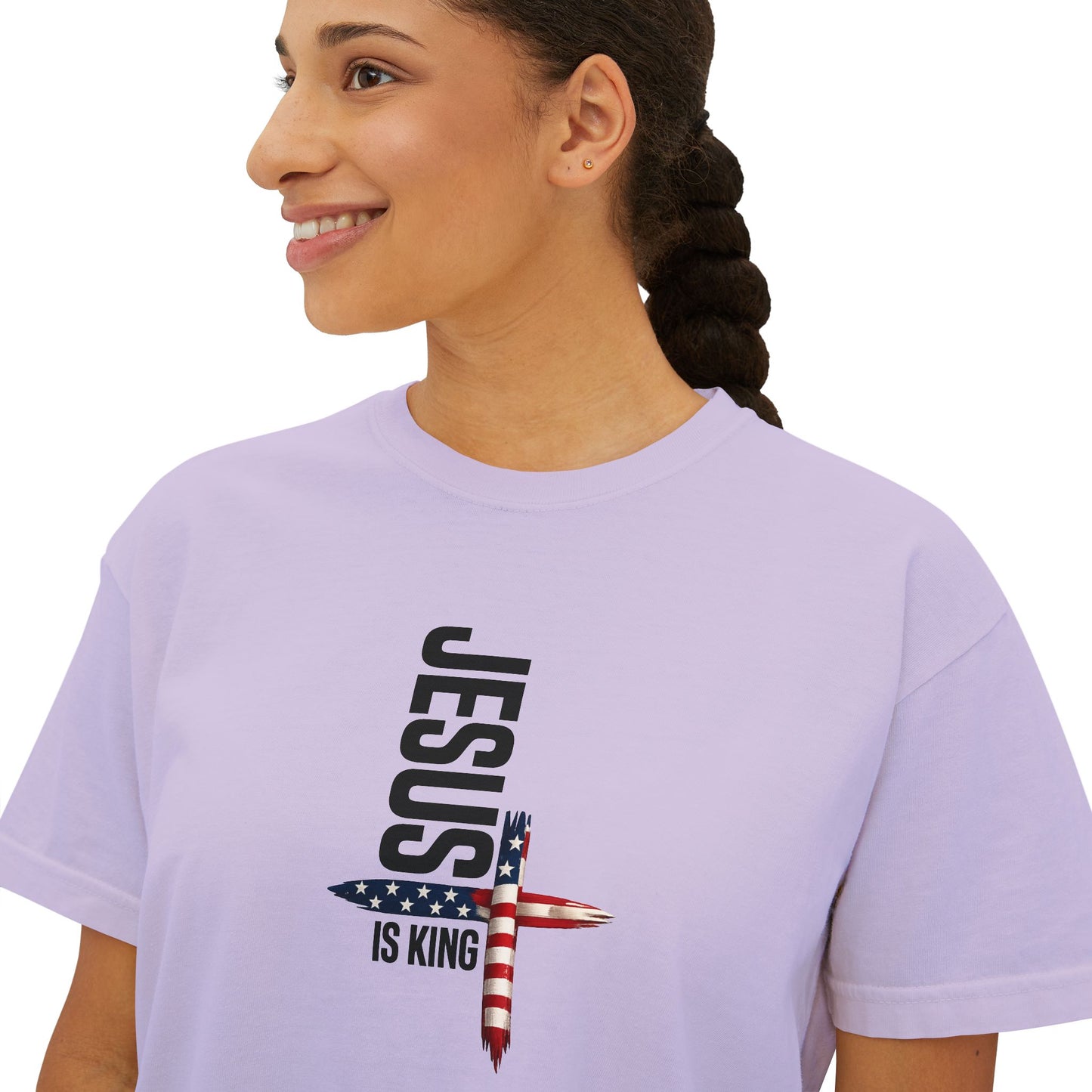 Jesus Is King American Flag Cross Women's Boxy Tee