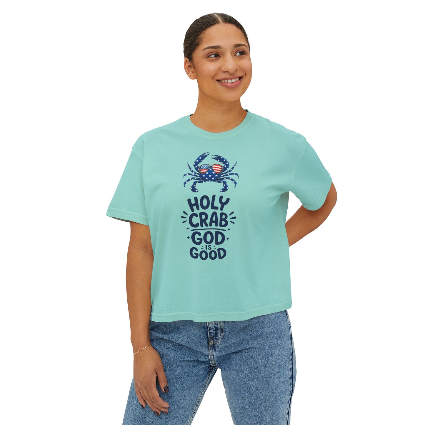 Women’s Boxy Tee — ‘Holy Crab, God Is Good’ Nautical Christian Tee