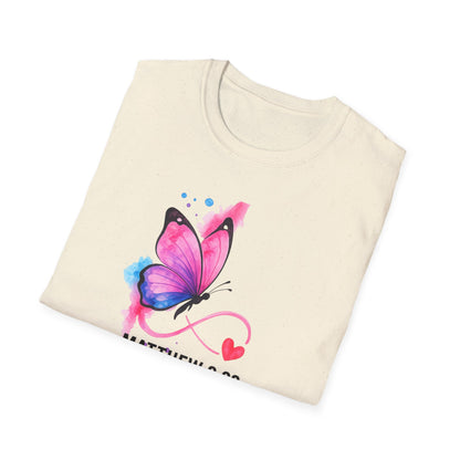 Faith Butterfly T-Shirt — Matthew 9:29 "Because of Your Faith" Inspirational Tee