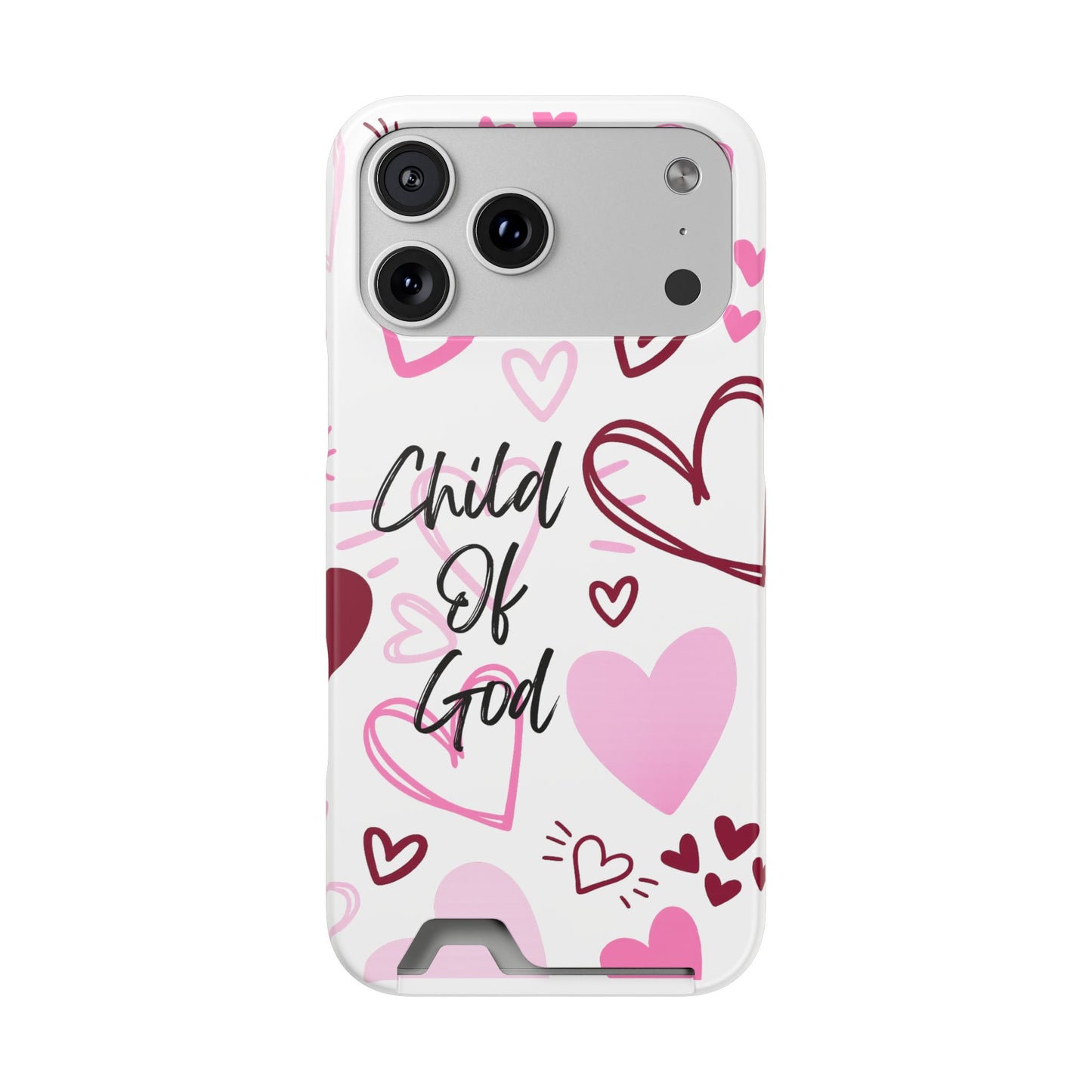 Phone Case — "Child of God" Card Holder Case, Pink Hearts Christian Phone Cover