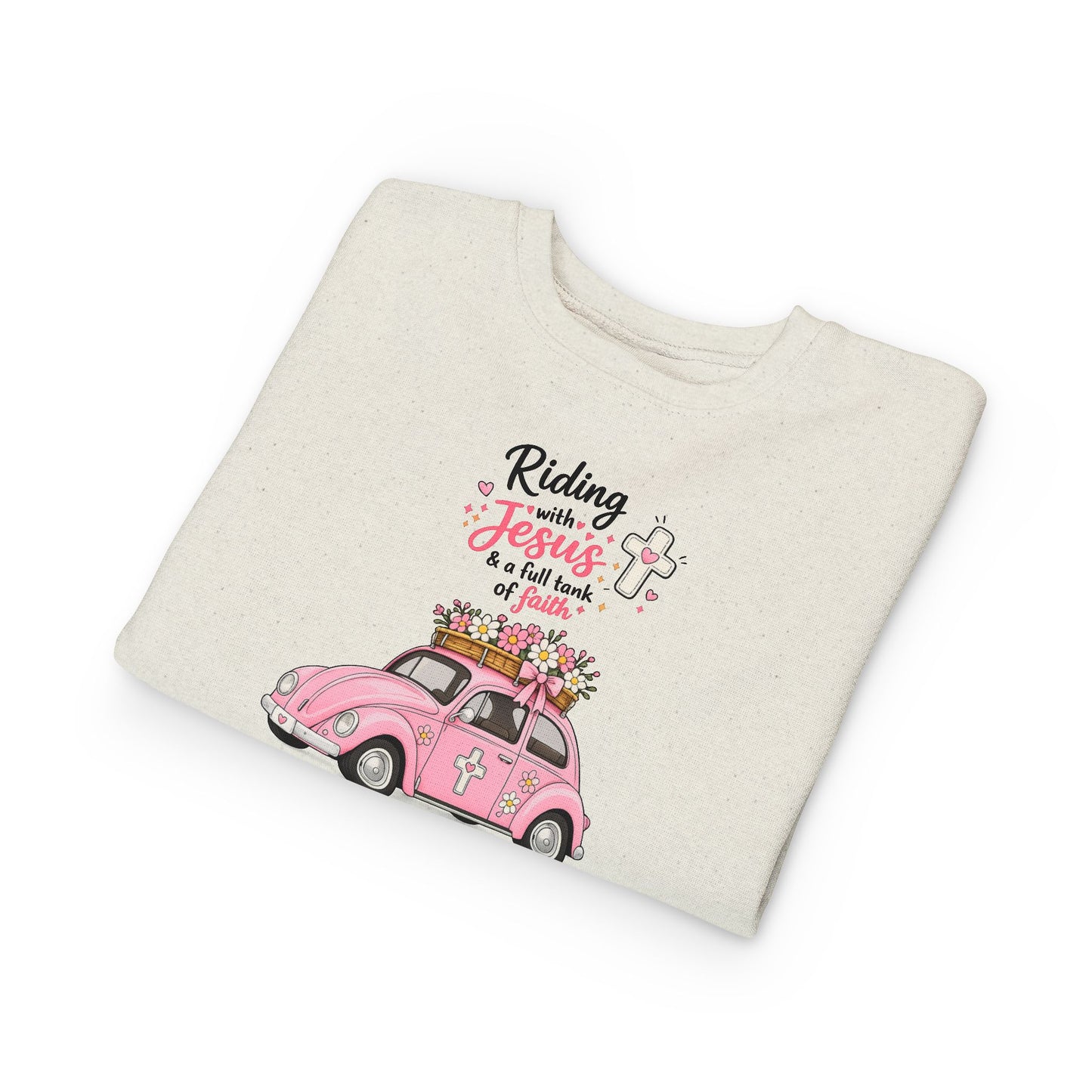 Toddler Sweatshirt - "Riding with Jesus" Pink Beetle Faith Kids Pullover