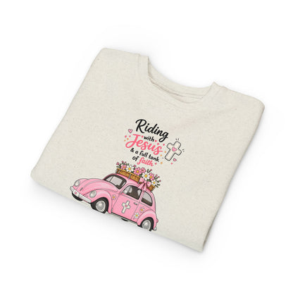 Toddler Sweatshirt - "Riding with Jesus" Pink Beetle Faith Kids Pullover