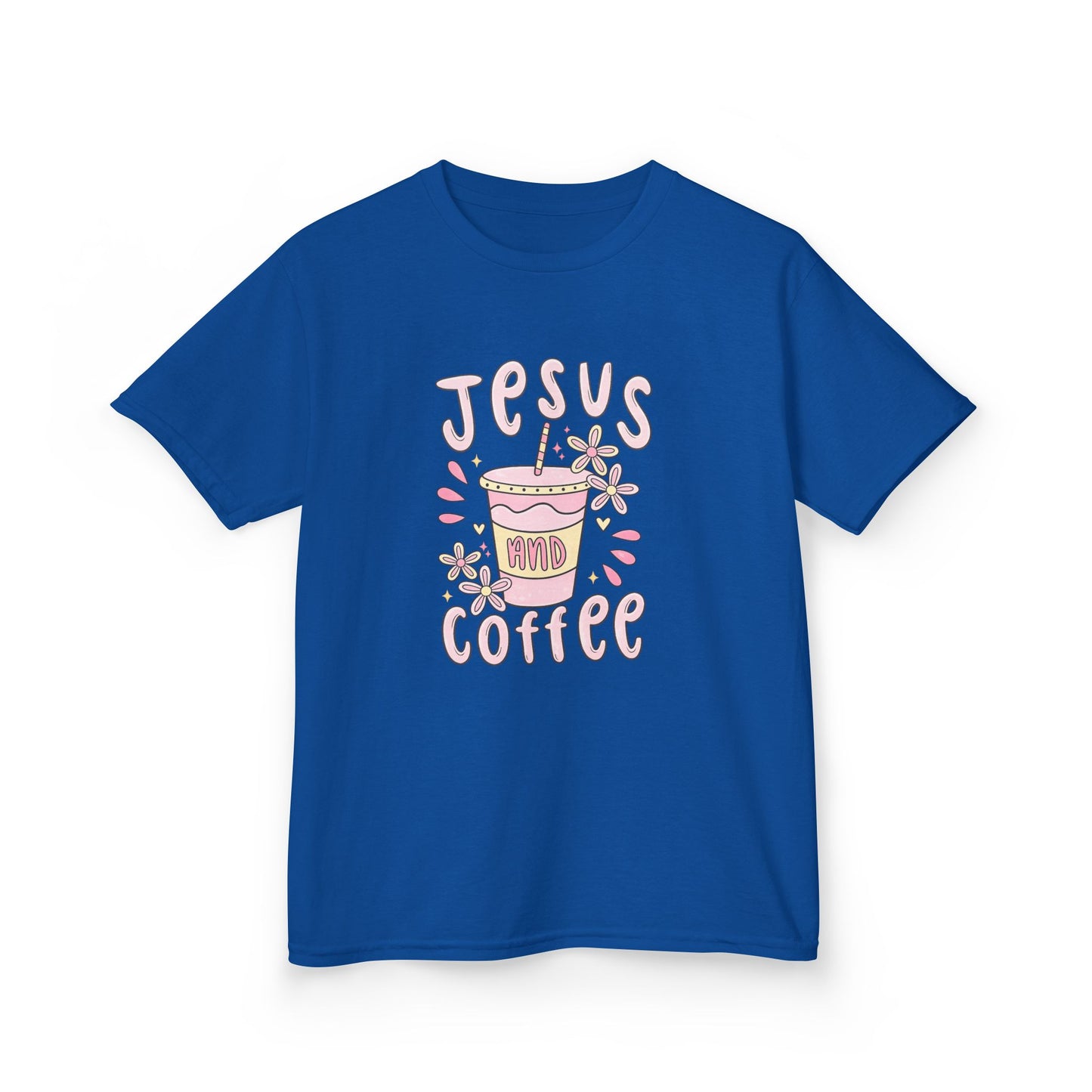 Kids Tee — “Jesus & Coffee” Cute Pastel Faith Graphic