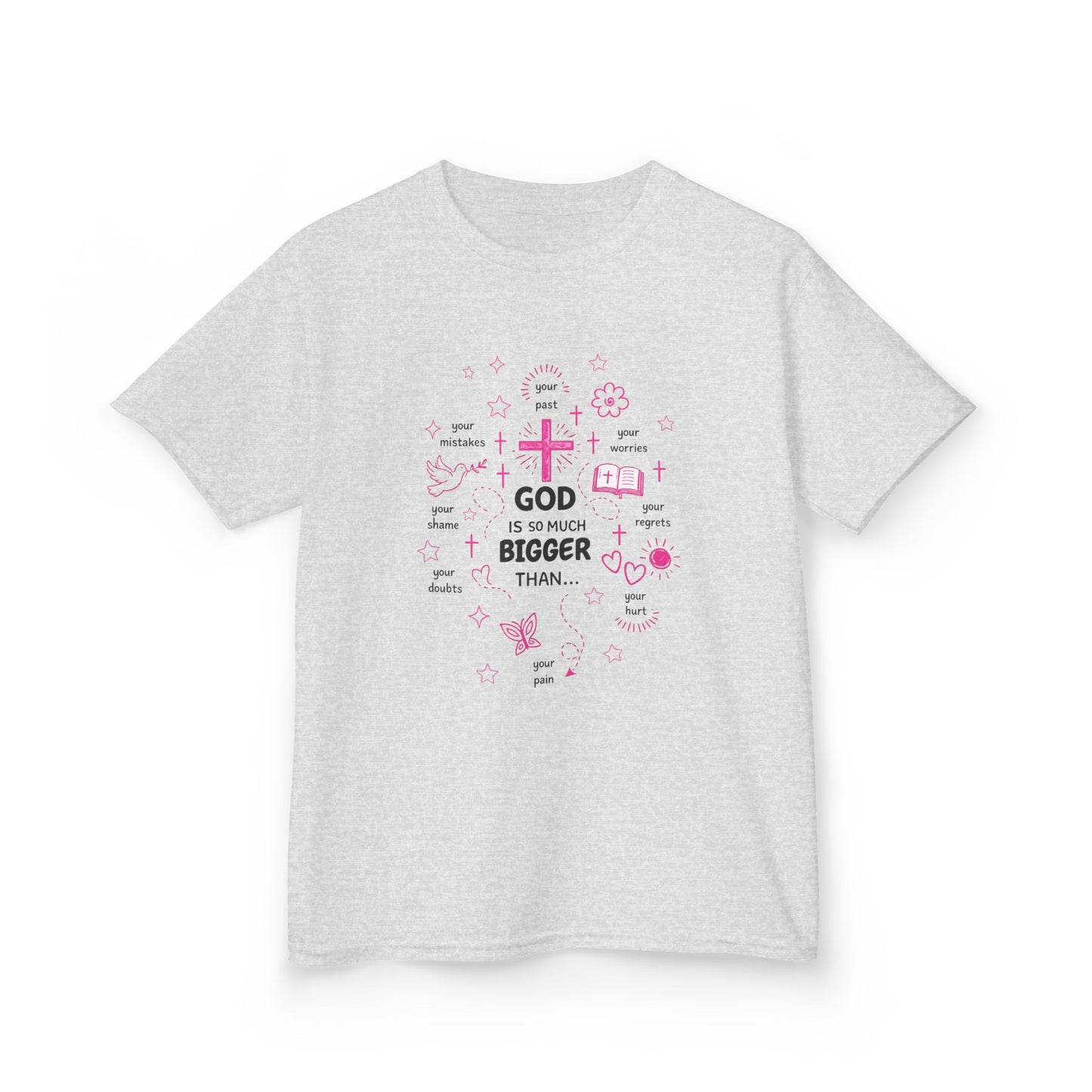 Kids T-Shirt — "God Is Bigger Than" Pink Faith Graphic Tee