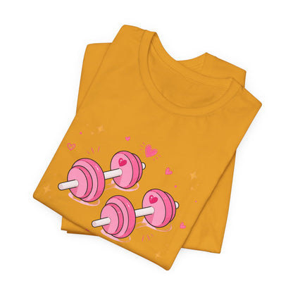 Christian Fitness T-Shirt — “The Joy of the Lord is My Strength” Pink Dumbbells Tee