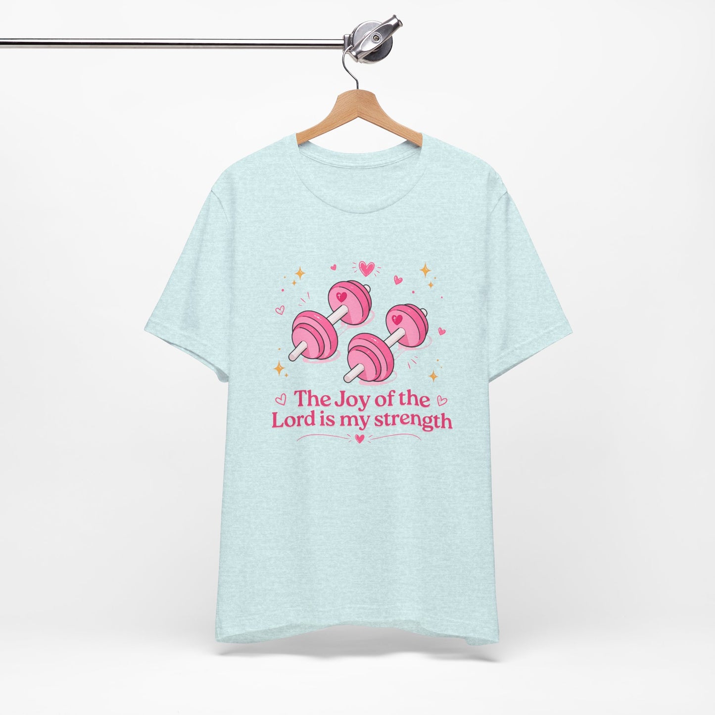 Christian Fitness T-Shirt — “The Joy of the Lord is My Strength” Pink Dumbbells Tee
