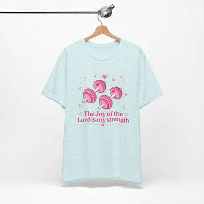 Christian Fitness T-Shirt — “The Joy of the Lord is My Strength” Pink Dumbbells Tee
