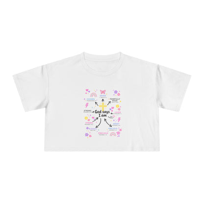 God Says I Am Floral Crop Tee — Christian Inspirational Women's Top