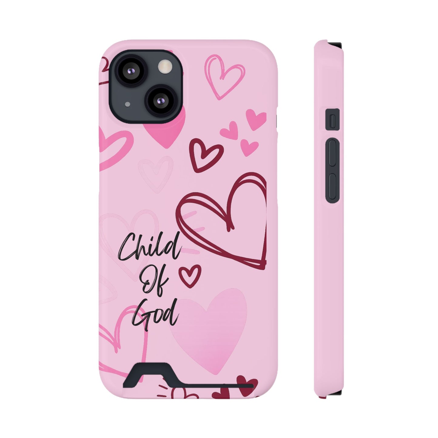 Pink "Child of God" Phone Card Case — Heart Pattern Religious Phone Case with Card Holder