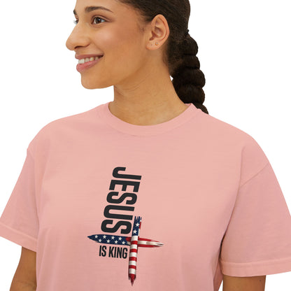 Jesus Is King American Flag Cross Women's Boxy Tee