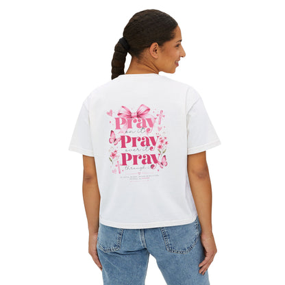 Women's Boxy Tee — Pink Floral Cross "Pray" Christian Graphic Shirt