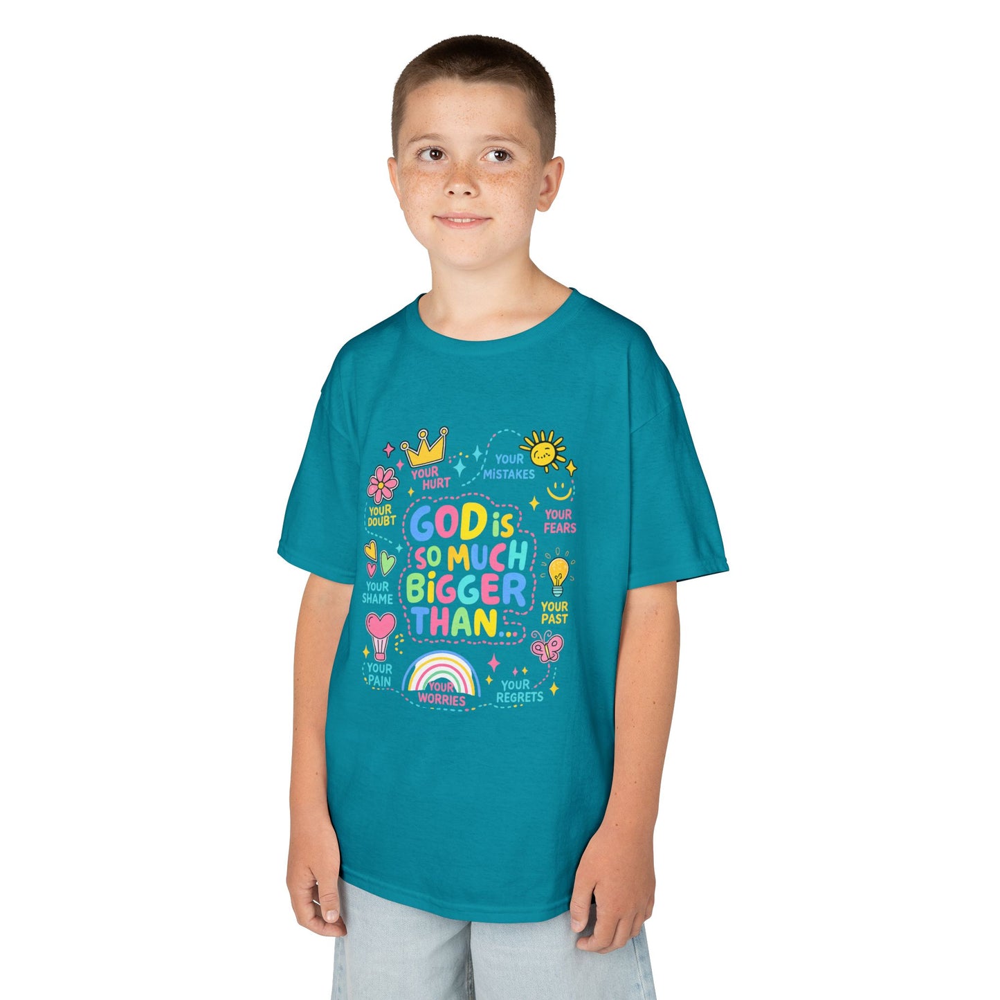UNISEX Kids Tee — "God Is So Much Bigger Than" Colorful Faith Graphic
