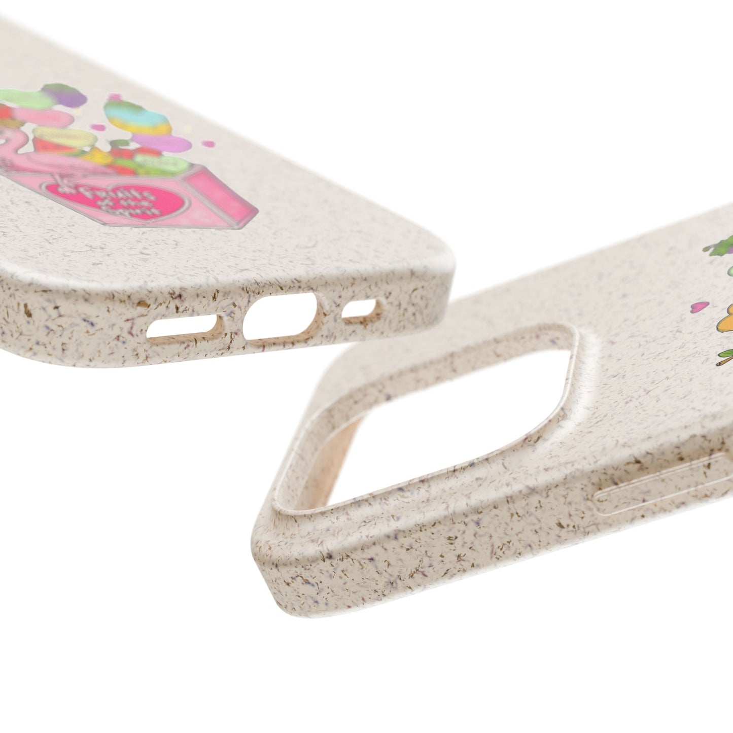 Biodegradable Phone Case — Cute Flamingo & Fruit Hearts "Fruity Love" Eco-Friendly iPhone Cover