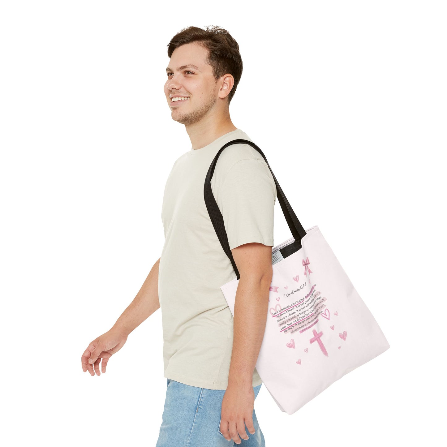 Pink Faith Tote Bag — Inspirational Cross & Rainbow AOP Tote