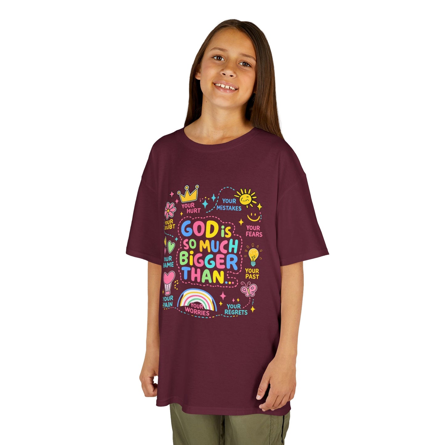 UNISEX Kids Tee — "God Is So Much Bigger Than" Colorful Faith Graphic