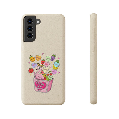 Biodegradable Phone Case — Cute Flamingo & Fruit Hearts "Fruity Love" Eco-Friendly iPhone Cover