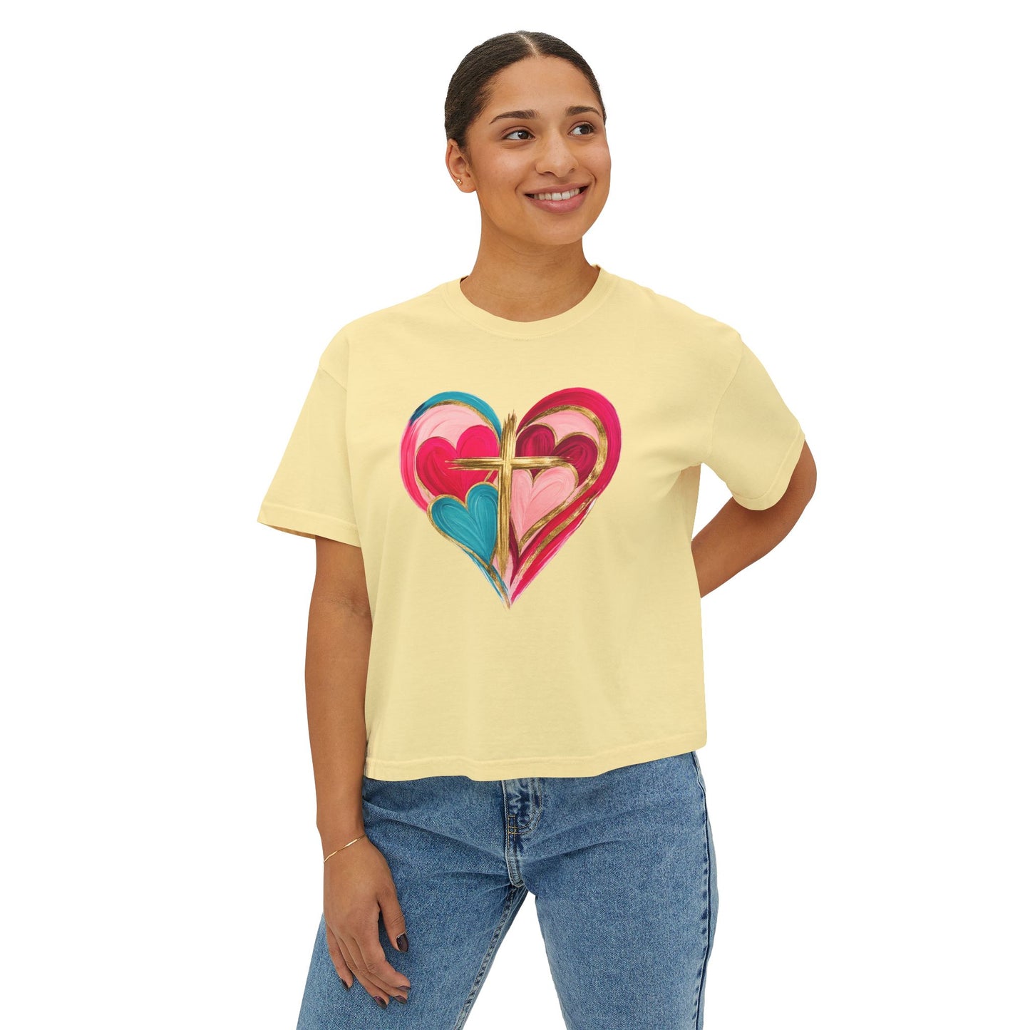Heart Cross Women's Boxy Tee — Colorful Watercolor Heart Graphic