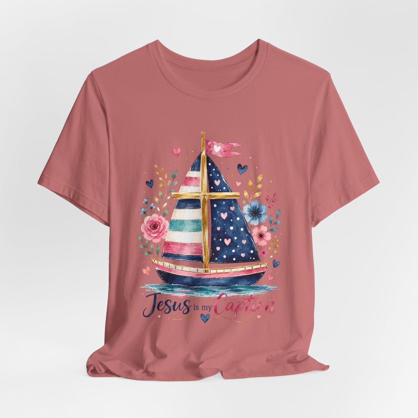 Jesus Is My Caption Sailboat T-Shirt — Floral Patriotic Christian Tee