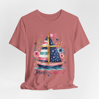 Jesus Is My Caption Sailboat T-Shirt — Floral Patriotic Christian Tee