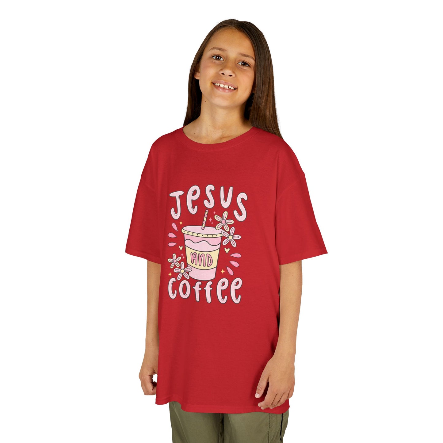 Kids Tee — “Jesus & Coffee” Cute Pastel Faith Graphic