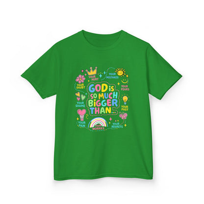 UNISEX Kids Tee — "God Is So Much Bigger Than" Colorful Faith Graphic