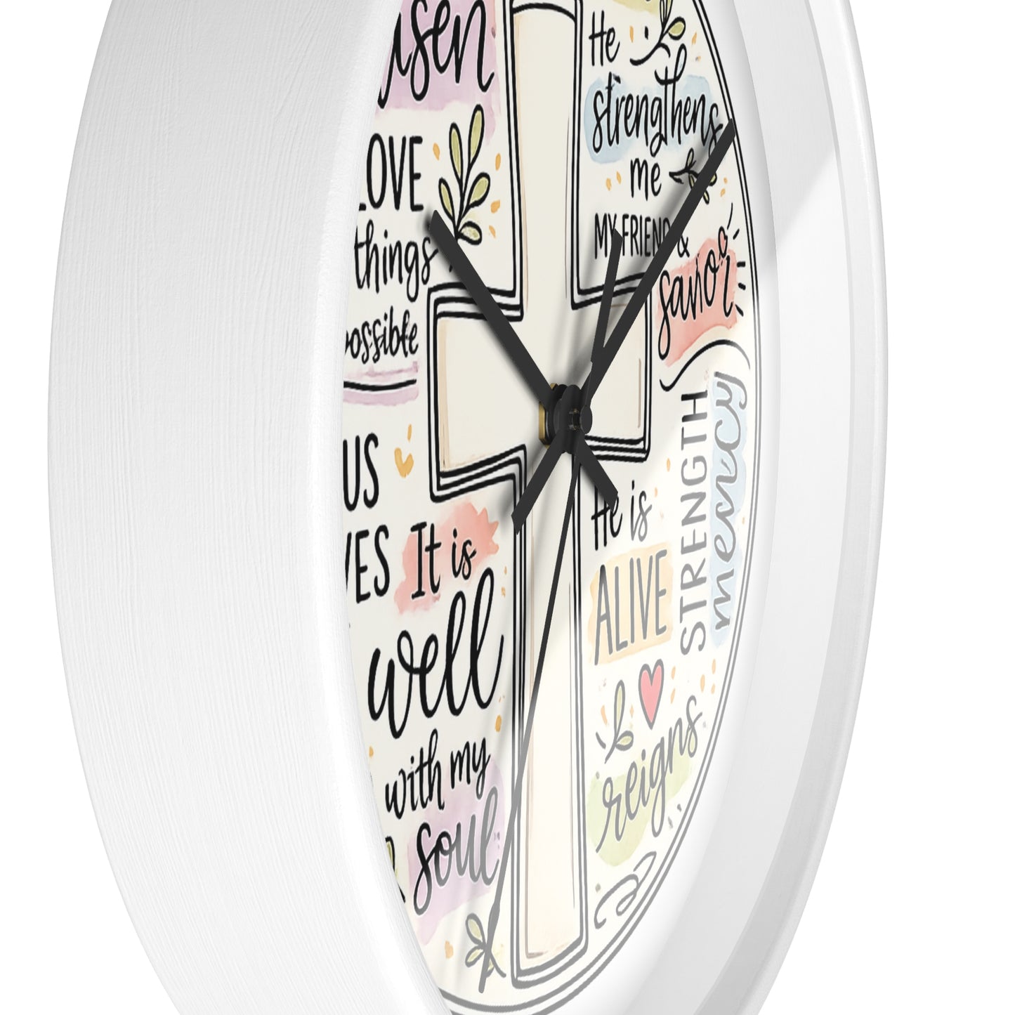 Christian Cross Wall Clock — Inspirational Scripture Quote Home Decor (He is Risen • It Is Well • Jesus Loves Me)