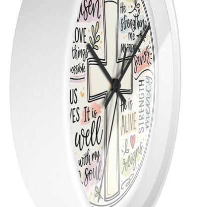 Christian Cross Wall Clock — Inspirational Scripture Quote Home Decor (He is Risen • It Is Well • Jesus Loves Me)