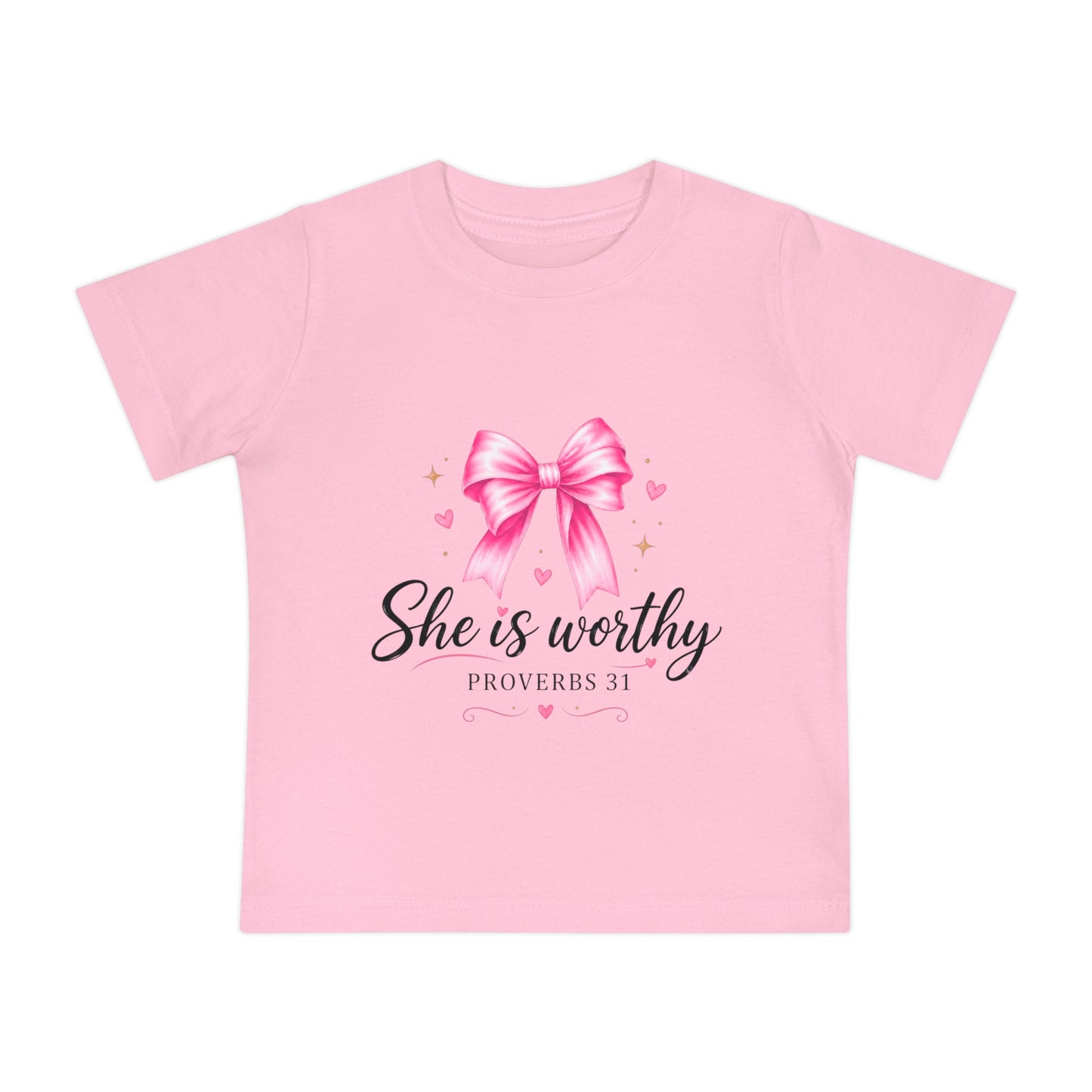 Baby T-Shirt "She is Worthy" Pink Bow Proverbs 31 – Christian Infant Tee