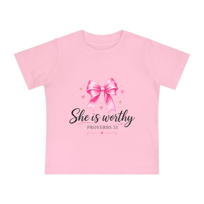 Baby T-Shirt "She is Worthy" Pink Bow Proverbs 31 – Christian Infant Tee