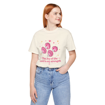 Christian Fitness T-Shirt — “The Joy of the Lord is My Strength” Pink Dumbbells Tee