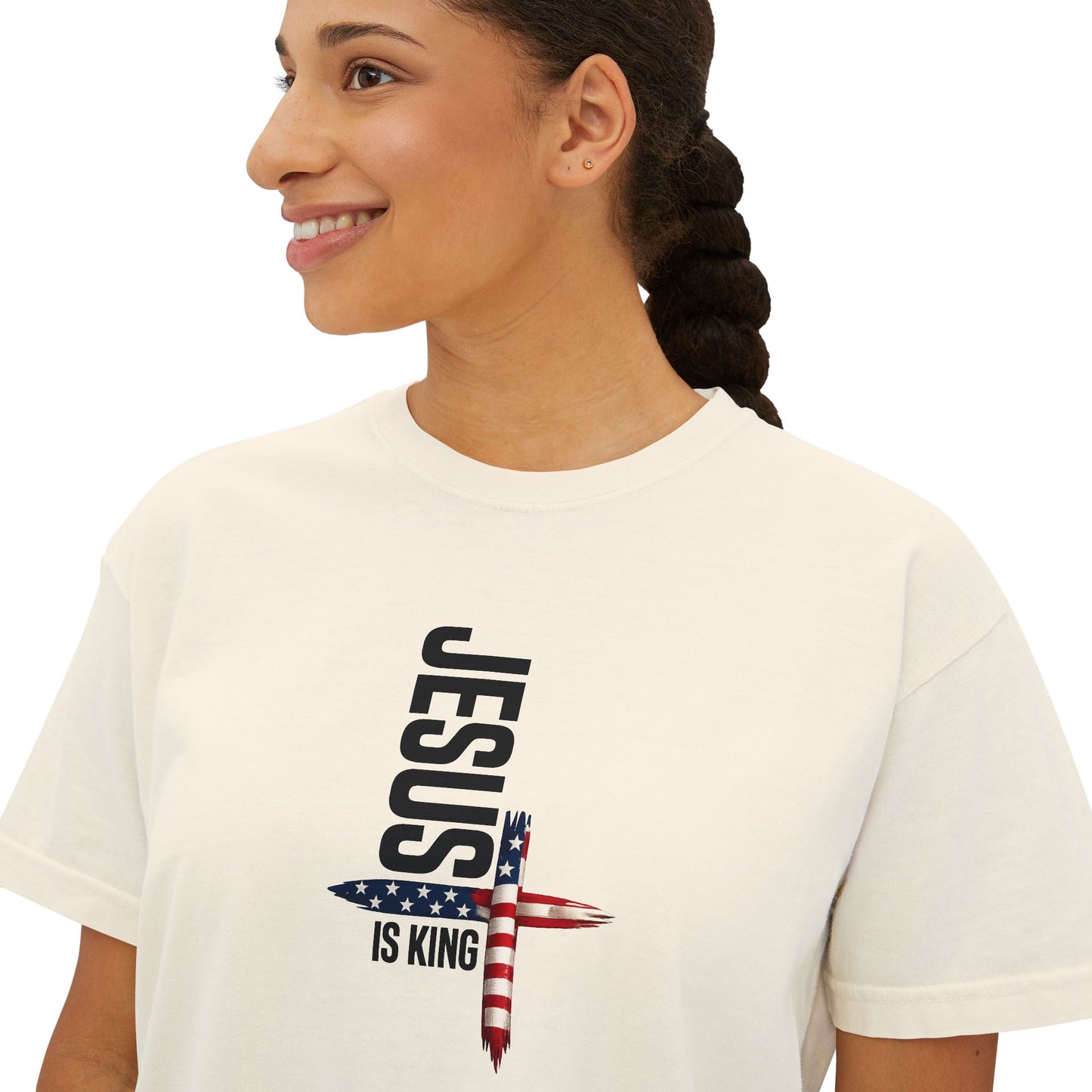 Jesus Is King American Flag Cross Women's Boxy Tee