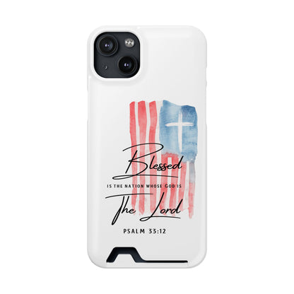 Christian Phone Case with Card Holder — "Blessed The Lord" Psalm 33:12 Patriotic Cross Design