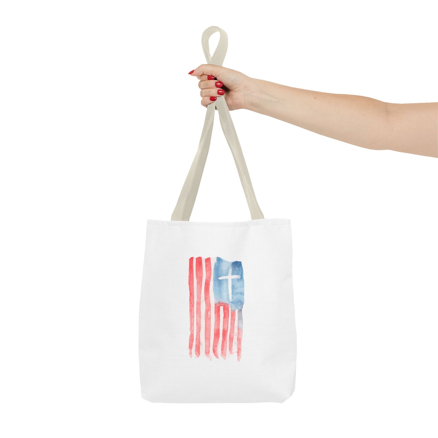 Patriotic Faith Tote Bag — Watercolor Flag with Cross & "Blessed By the Lord" Scripture