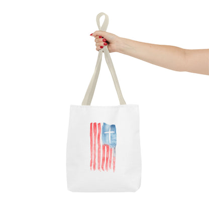 Patriotic Faith Tote Bag — Watercolor Flag with Cross & "Blessed By the Lord" Scripture