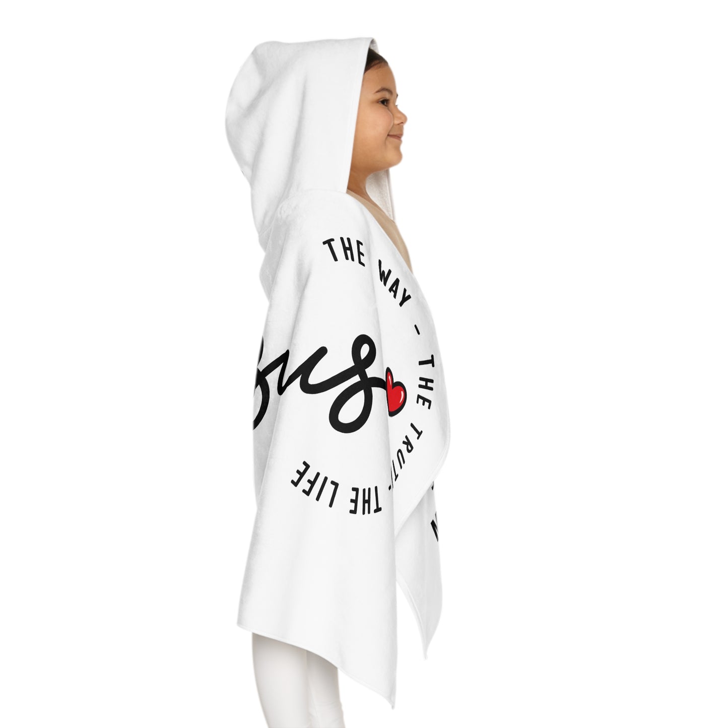 Youth Hooded Towel — "Jesus" Script with Hearts | Christian Bath & Beach Towel for Kids