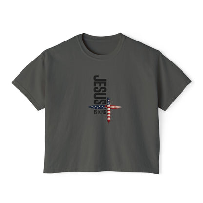 Jesus Is King American Flag Cross Women's Boxy Tee
