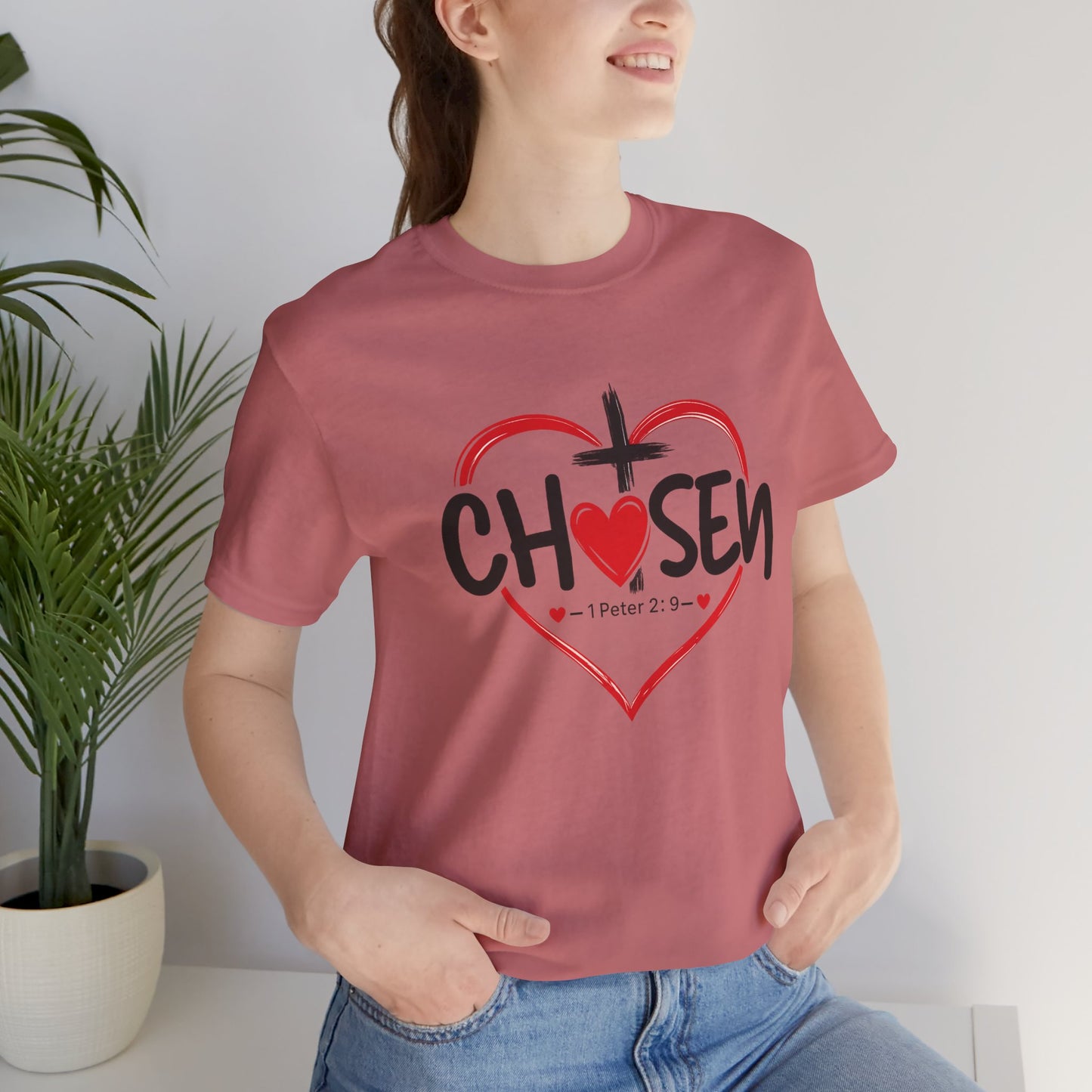 Chosen Heart Christian T-Shirt — "Chosen" with Cross & 1 Peter 2:9 Faith Tee