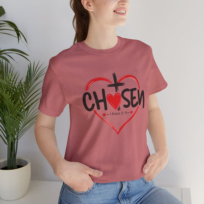 Chosen Heart Christian T-Shirt — "Chosen" with Cross & 1 Peter 2:9 Faith Tee