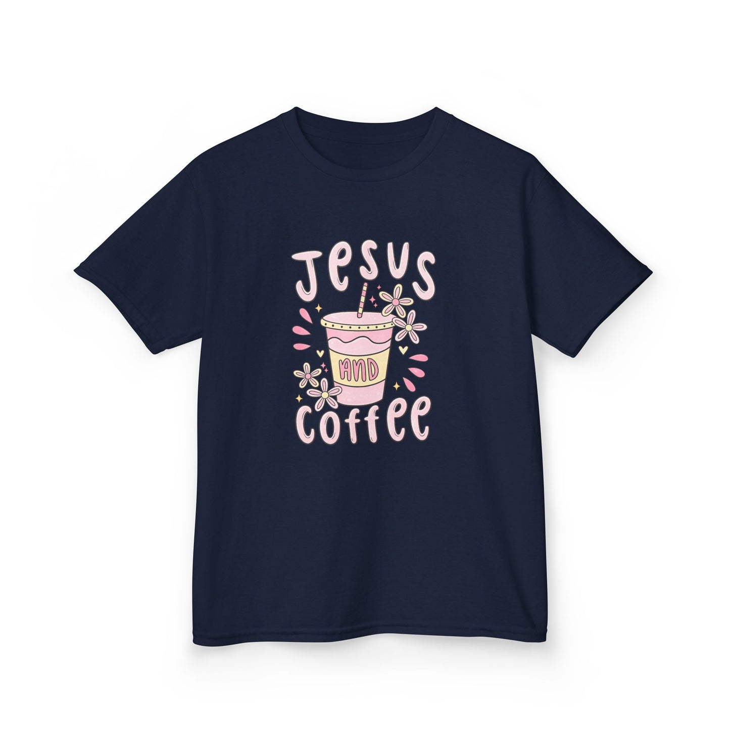 Kids Tee — “Jesus & Coffee” Cute Pastel Faith Graphic