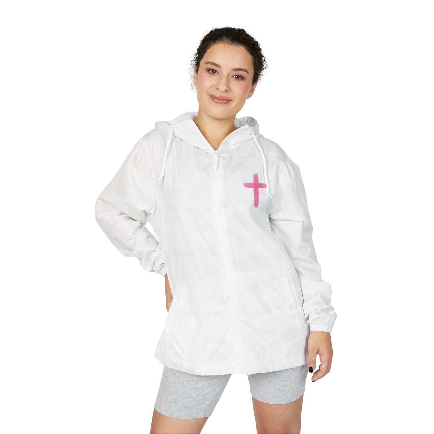 Windbreaker Jacket — Pink Floral Cross "Amen" Faith Design (Agree, Move, Endure)
