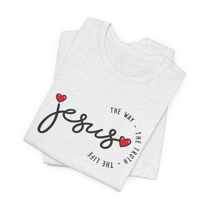 Jesus Script Tee - "Jesus" with Hearts | Faith Christian Shirt