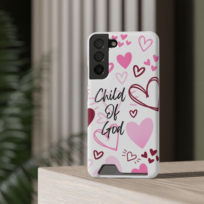 Phone Case — "Child of God" Card Holder Case, Pink Hearts Christian Phone Cover
