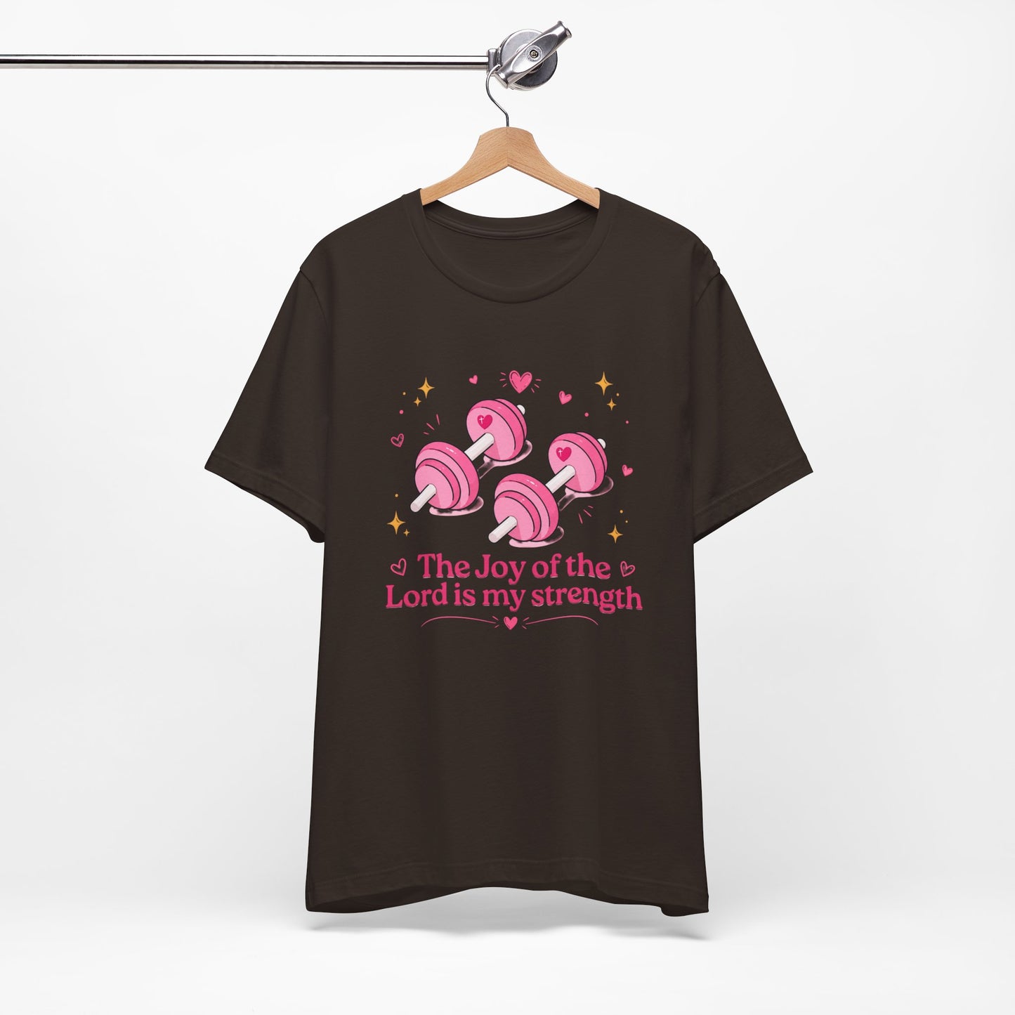 Christian Fitness T-Shirt — “The Joy of the Lord is My Strength” Pink Dumbbells Tee