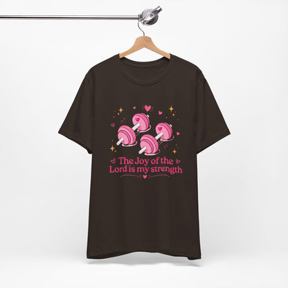 Christian Fitness T-Shirt — “The Joy of the Lord is My Strength” Pink Dumbbells Tee
