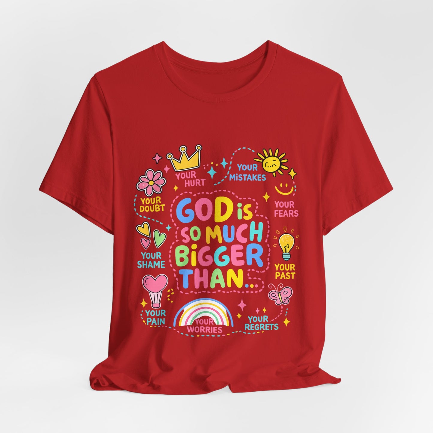 Christian T‑Shirt — "God Is So Much Bigger Than..." Pastel Faith Tee